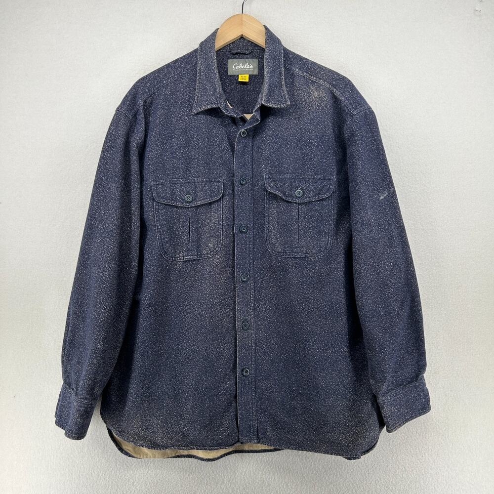 CABELAS Shirt Mens XL Heavy Chamois Flannel Speckled Utility Cotton Blue VTG